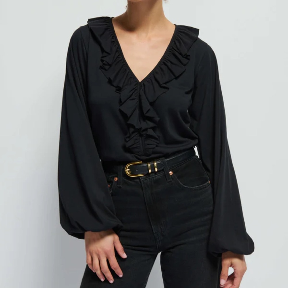 NWT $138 Sz XS Nation LTD Los Angeles Black Giorgio V-Neck Flounce Blouse Top